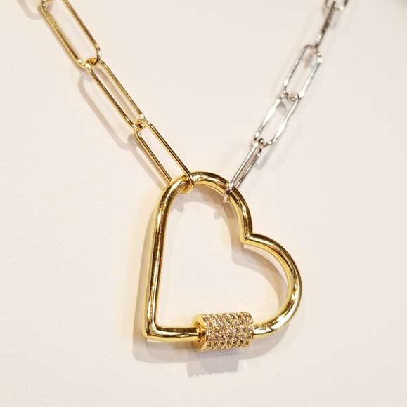 2 Tone Paperclip Pave CZ Heart Carabiner Necklace - Picture 6 of 7